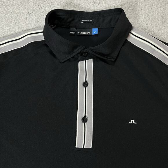 J Lindeberg Polo Shirt Mens Large Black Stripe Golf Performance Tour Logo - Picture 1 of 12